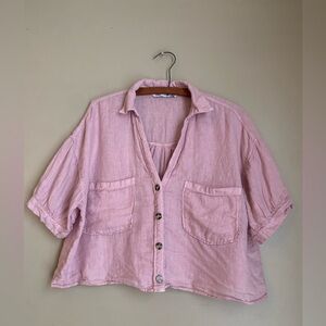 Zara cropped cotton linen? Button down shirt blouse top big pockets oversized